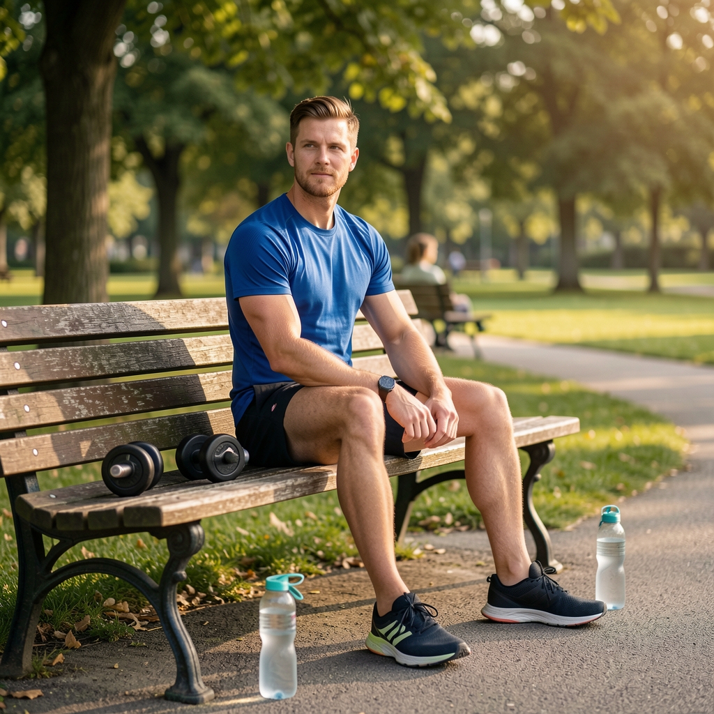 Runner sitting calmly on a park bench after training with trainers and water nearby — Kaltvel editorial
