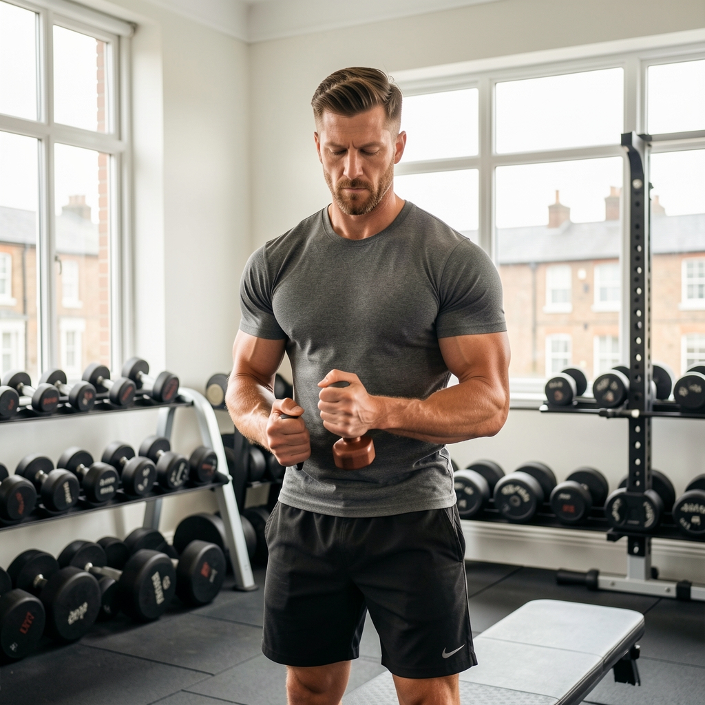 Man preparing for a strength session in a bright Bristol studio with free weights and natural light — Kaltvel editorial