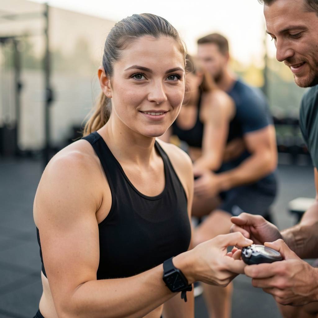 Small group interval training session with a coach checking a stopwatch beside a gym floor — Kaltvel editorial