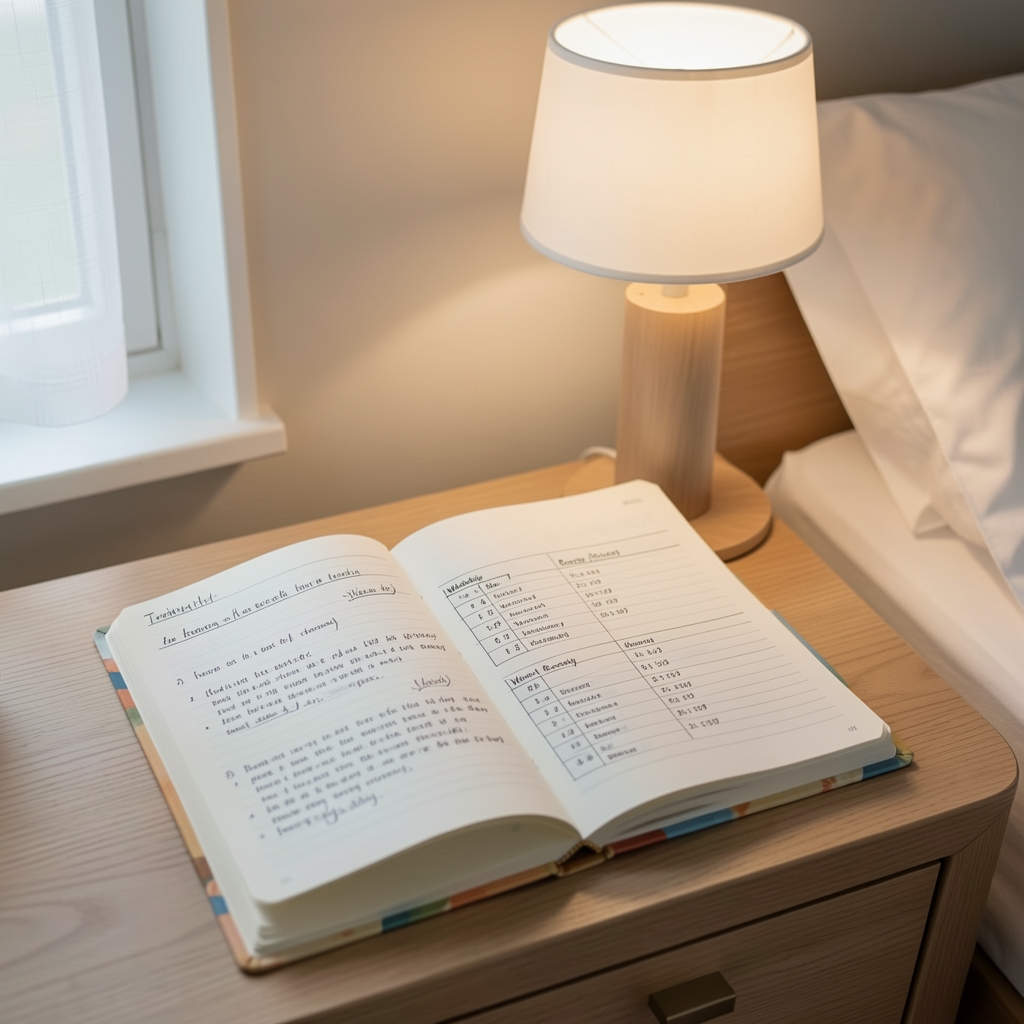 Open training journal showing sleep notes and a weekly recovery plan beside a bedside lamp — Kaltvel editorial